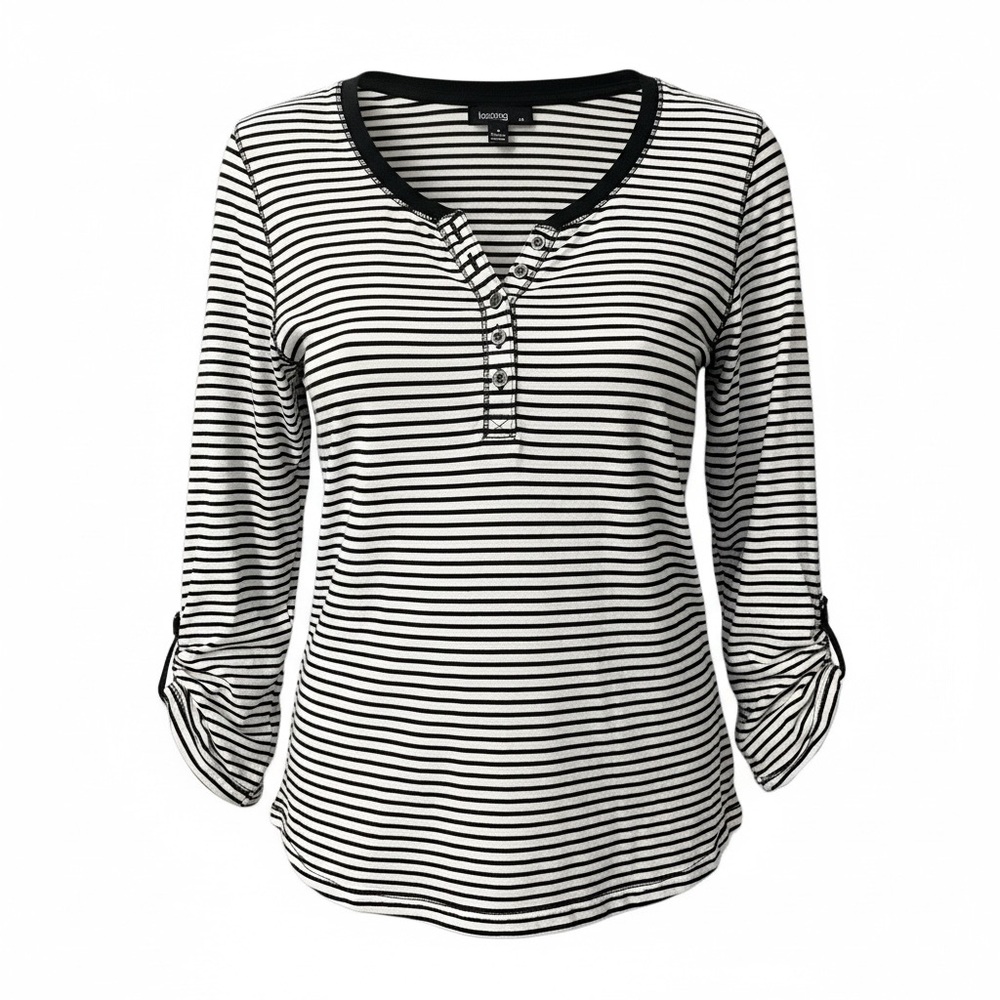 Janina Womens Striped Top Plus Sz XL (48) Adjustable Arm Buttons Black White